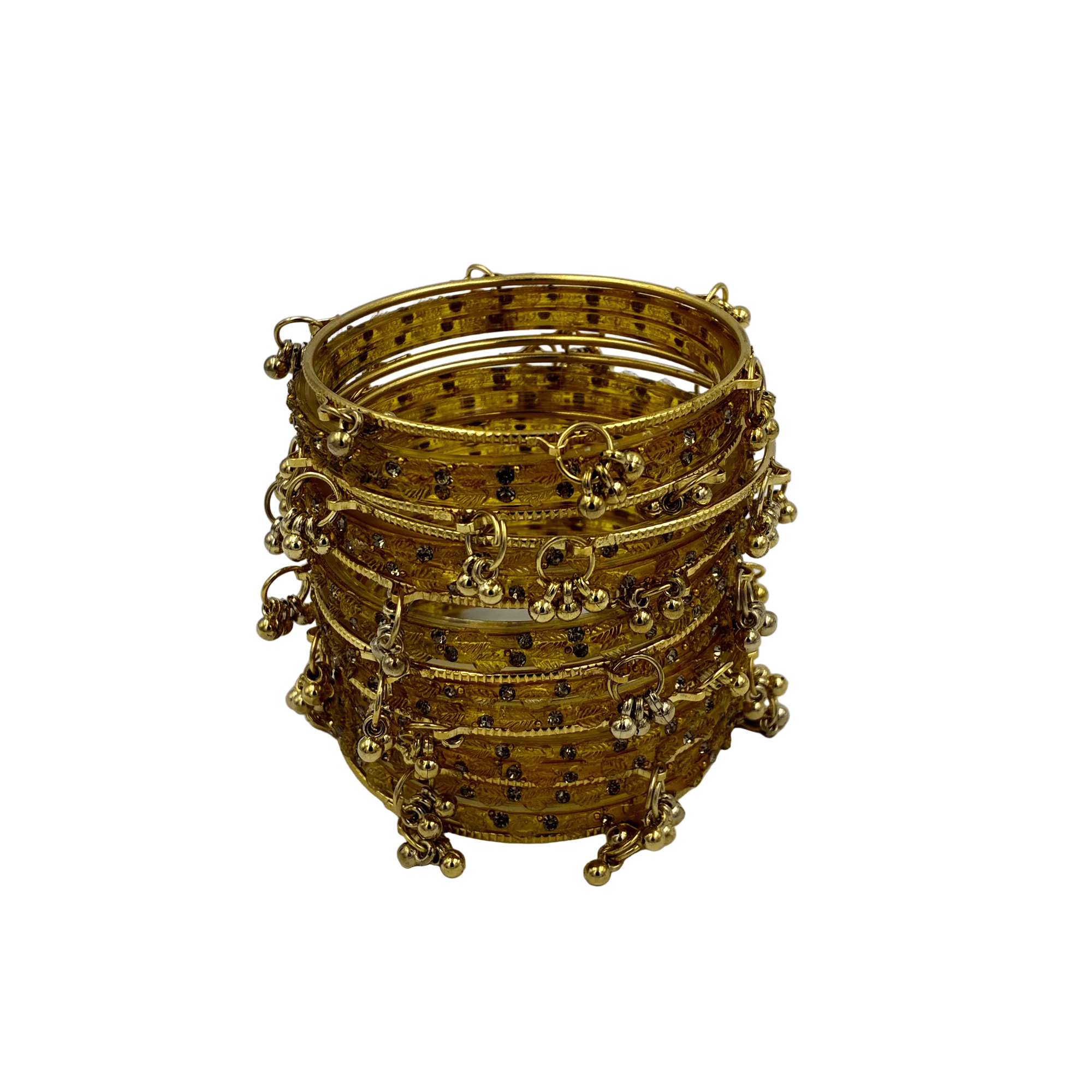 Stack of gold bangles with intricate designs on a white background