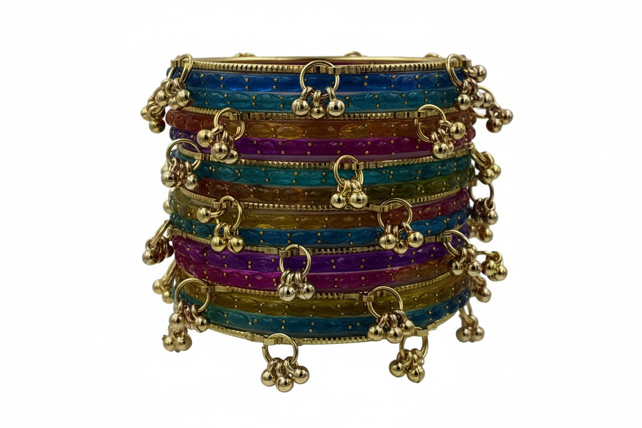 Multicolored bangles with gold accents
