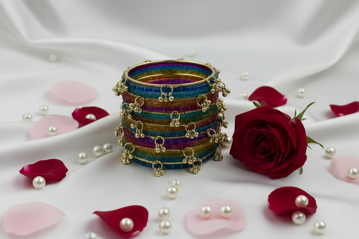 Stack of colorful bangles with a red rose and petals on a white fabric background