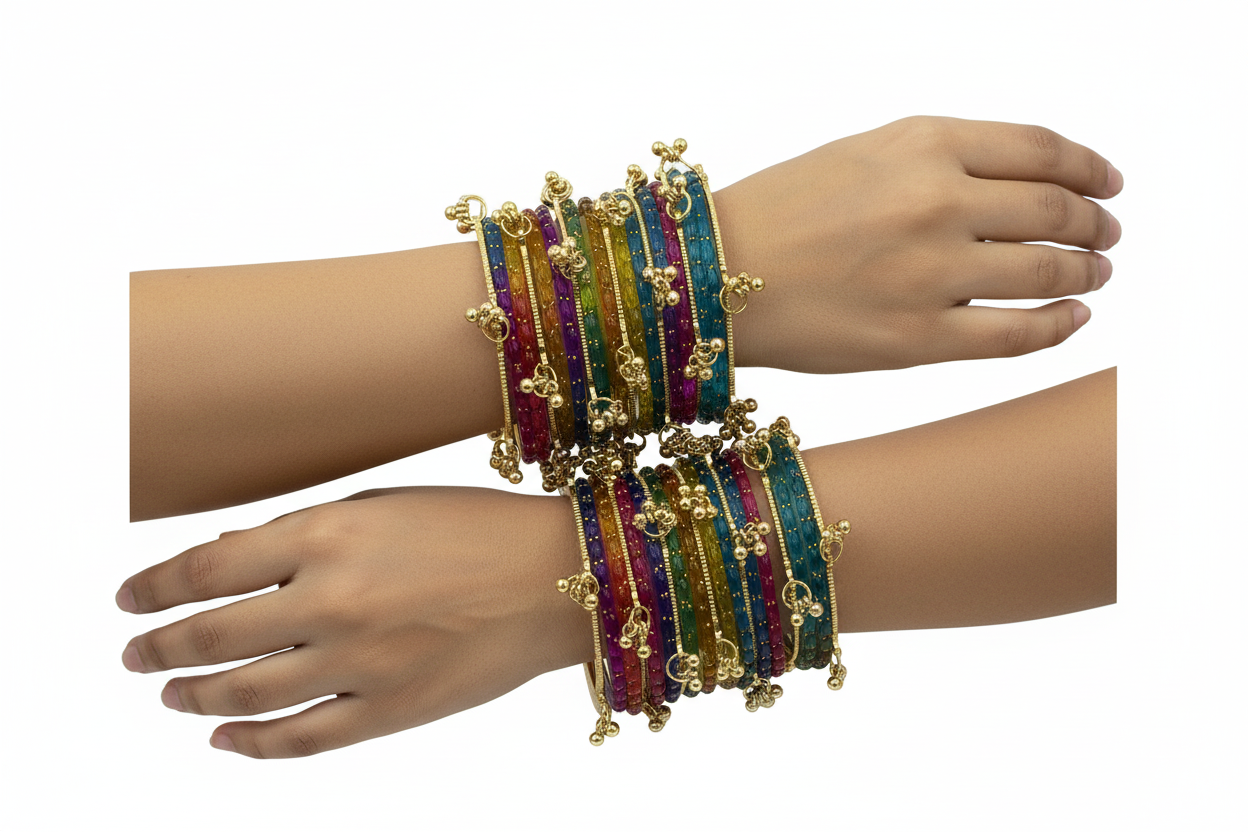 Multicolored beaded bracelets with gold accents on a white surface