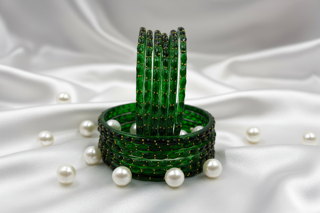 Stack of green bangles with black dots on a white background