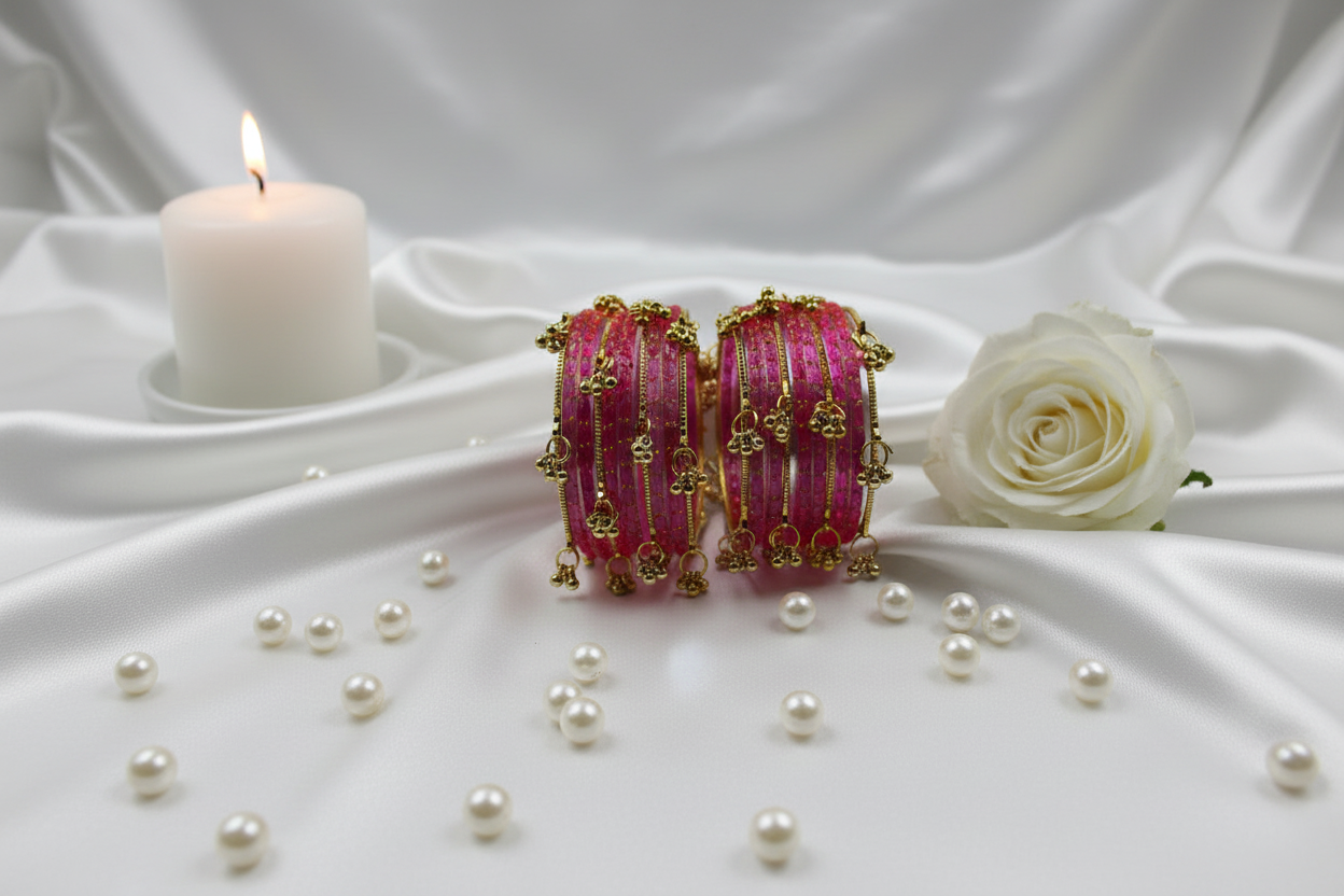 Royal Kashmiri Elegance with Rain Drop Glass Bangles – Make Every Occasion Special (Pink) - PREMIUM QUALITY