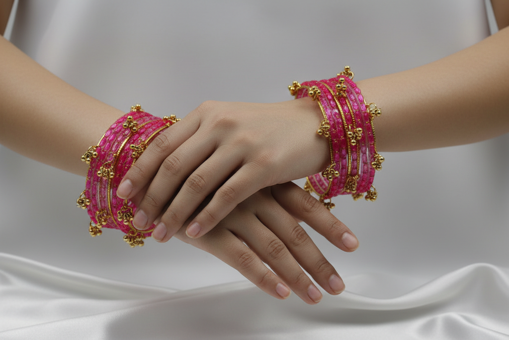 Royal Kashmiri Elegance with Rain Drop Glass Bangles – Make Every Occasion Special (Pink) - PREMIUM QUALITY