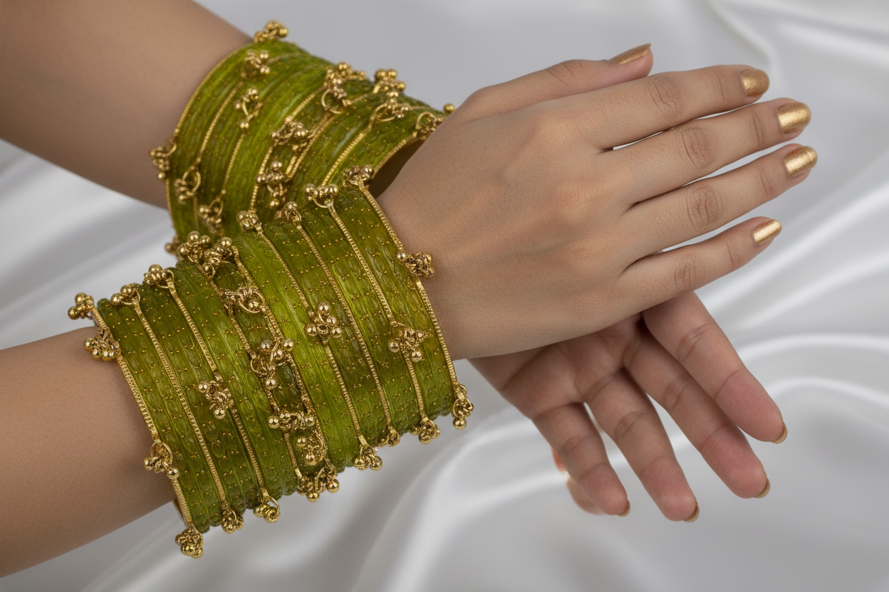 Royal Kashmiri Elegance with Rain Drop Glass Bangles – Make Every Occasion Special (Dhani) - PREMIUM QUALITY