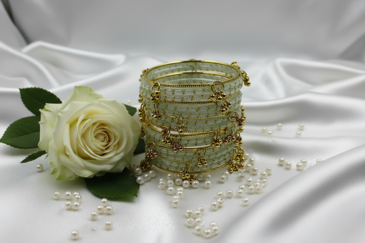 Royal Kashmiri Elegance with Rain Drop Glass Bangles – Make Every Occasion Special (White) - PREMIUM QUALITY